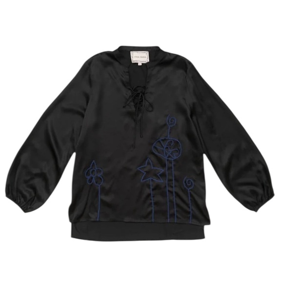 NWT Lingua Franca Embroidered Hudson 100% Silk Long Sleeve Popover Black Size S - Picture 3 of 16